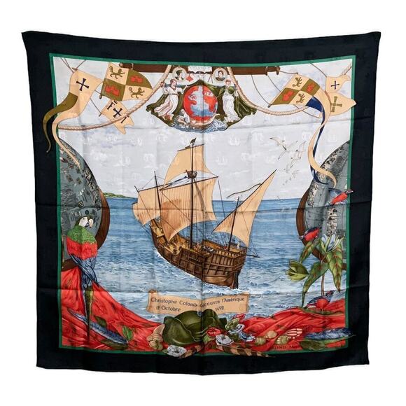 Hermes  Hermès CHRISTOPHE COLOMB DECOUVRE L’AMERIQUE 12 OCTOBRE 1492 SILK SCARF - Picture 1 of 16